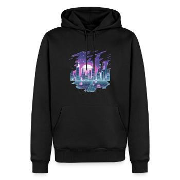 Paysage urbain rétro futuriste au look néon - Sweat à capuche Premium bio Homme - noir - Devant - Nico (187cm)