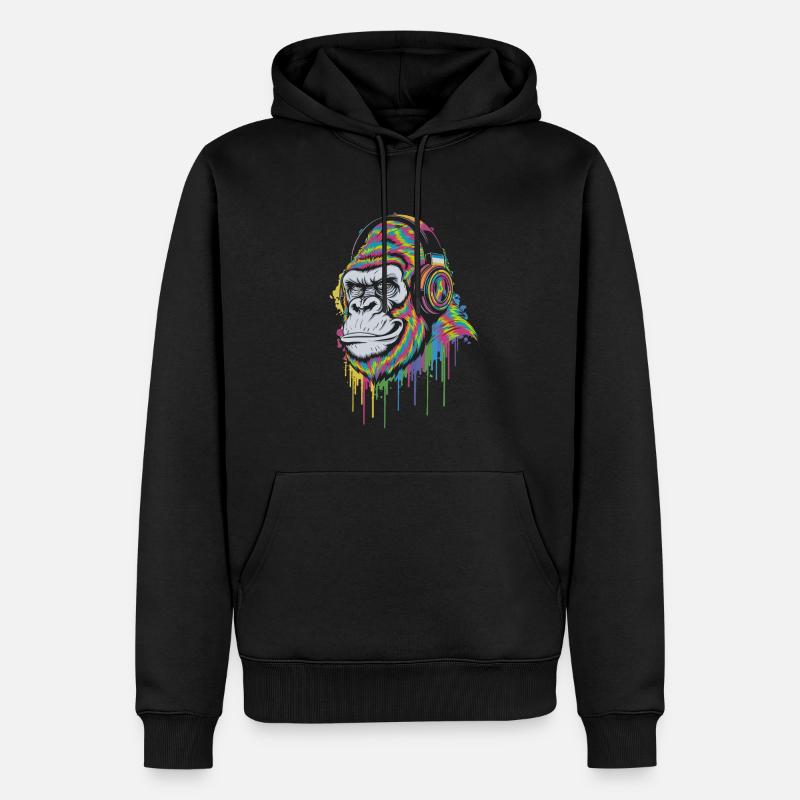 Gorille coloré avec des écouteurs, mélomane - Sweat à capuche Premium bio Homme - noir