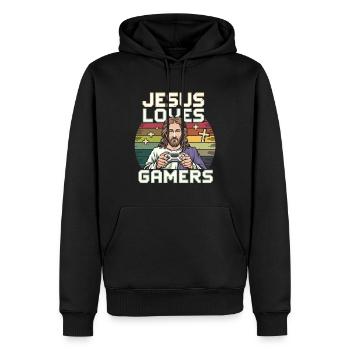 Jesus Liebt Gamer Bunte Retro Kunst Mit - Männer Premium Bio Hoodie - Schwarz - Vorne - Nico (187cm)