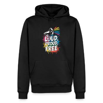 Loud, Proud, Free Megafon Regenbogen - Männer Premium Bio Hoodie - Schwarz - Vorne - Nico (187cm)