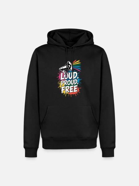 Loud, Proud, Free Megafon Regenbogen - Männer Premium Bio Hoodie - Schwarz