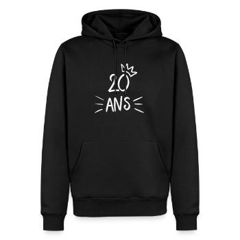 20 ans - Sweat à capuche Premium bio Homme - noir - Devant - Nico (187cm)