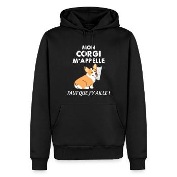 Chien Corgi Et Teléphone Cadeau Humour - Sweat à capuche Premium bio Homme - noir - Devant - Nico (187cm)