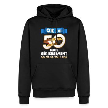 Ok j'ai 50 ans Cadeau Anniversaire Homme Ou Femme - Sweat à capuche Premium bio Homme - noir - Devant - Nico (187cm)