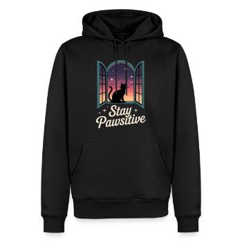 Stay pawsitive - Schwarze Katze am Fenster - Männer Premium Bio Hoodie - Schwarz - Vorne - Nico (187cm)