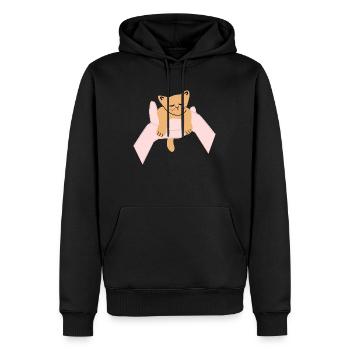Le chat est assis dans la paume humaine - Sweat à capuche Premium bio Homme - noir - Devant - Nico (187cm)