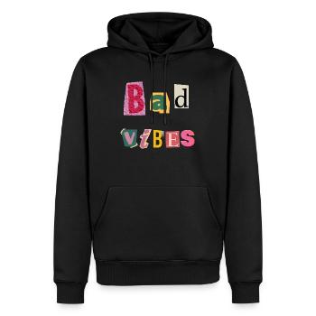 Quirky 'Bad Vibes': Bold Typographic Design - Men’s Premium Organic Hoodie - black - Front - Nico (187cm)