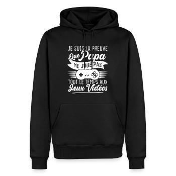 Mon papa ne joue pas tout le temps aux jeux vidéo - Sweat à capuche Premium bio Homme - noir - Devant - Nico (187cm)