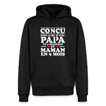 Conçu avec amour par papa et maman en 9 mois - Sweat à capuche Premium bio Homme - noir - Devant - Nico (187cm)