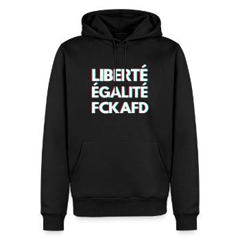 LIBERTÉ ÉGALITÉ FCKAFD – Statement Design - Männer Premium Bio Hoodie - Schwarz - Vorne - Nico (187cm)