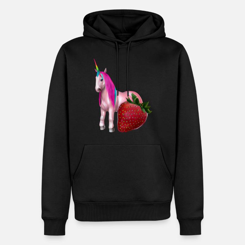 Einhorn mit Erdbeere - Männer Premium Bio Hoodie - Schwarz