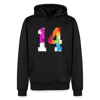 FARBIG NUMMER 14 BUNT 14. GEBURTSTAG - Männer Premium Bio Hoodie - Schwarz - Vorne - Nico (187cm)