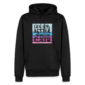 BESTES LEBEN MIT KATZEN PUSSY MIEZ SPRUCH MOTIVE - Männer Premium Bio Hoodie - Schwarz - Vorne - Nico (187cm)