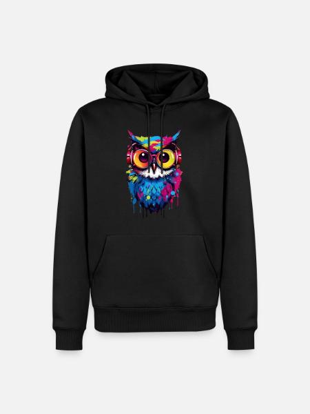 Bunte Eule mit Kopfhörer - Männer Premium Bio Hoodie - Schwarz