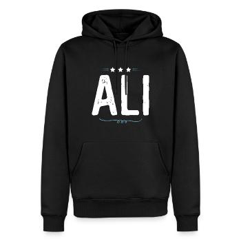 Ali - Männer Premium Bio Hoodie - Schwarz - Vorne - Nico (187cm)