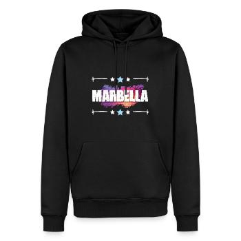 Marbella - Männer Premium Bio Hoodie - Schwarz - Vorne - Nico (187cm)