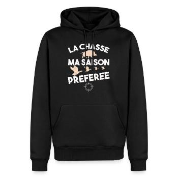 La chasse ma saison préférée. Cadeau chasseur - Sweat à capuche Premium bio Homme - noir - Devant - Nico (187cm)