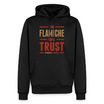 In Flamiche we trust - Sweat à capuche Premium bio Homme - noir - Devant - Nico (187cm)