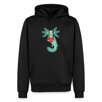 Axolotl vert foncé tenant un cœur rouge - Sweat à capuche Premium bio Homme - noir - Devant - Nico (187cm)