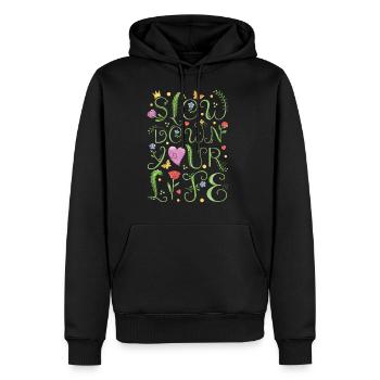 slow down your life - Männer Premium Bio Hoodie - Schwarz - Vorne - Nico (187cm)