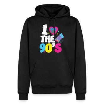 J'adore la chemise rétro des années 90 90J'aime la 90e - Sweat à capuche Premium bio Homme - noir - Devant - Nico (187cm)