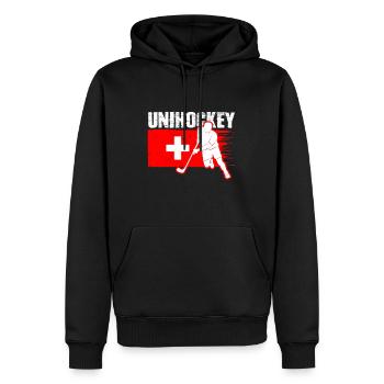 Unihockey Schweiz Floorball - Männer Premium Bio Hoodie - Schwarz - Vorne - Nico (187cm)