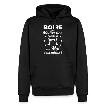 Boire avec moderation c'est bien - Message Humour - Sweat à capuche Premium bio Homme - noir - Devant - Nico (187cm)