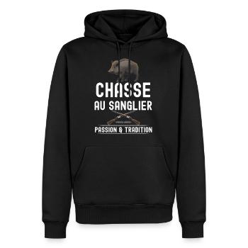 Chasse au sanglier cadeau papa chasseur - Sweat à capuche Premium bio Homme - noir - Devant - Nico (187cm)