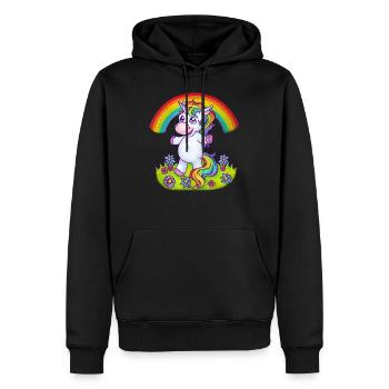 Niedliches Einhorn mit Regenbogen auf Blumenwiese - Männer Premium Bio Hoodie - Schwarz - Vorne - Nico (187cm)