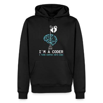 Coder T-Shirt: Coffee into Code – Nerdy Programmie - Men’s Premium Organic Hoodie - black - Front - Nico (187cm)