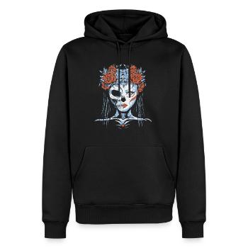 Die zwei Gesichter einer Frau ,Seite Totenkopf - Männer Premium Bio Hoodie - Schwarz - Vorne - Nico (187cm)