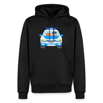 Voiture de police avec un policier en action - Sweat à capuche Premium bio Homme - noir - Devant - Nico (187cm)