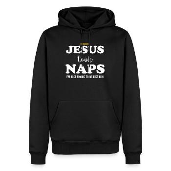 Jésus faisait des siestes, soyez comme Jésus - Sweat à capuche Premium bio Homme - noir - Devant - Nico (187cm)
