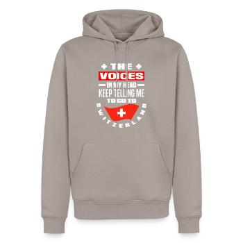 La Suisse exprime l’émigration - Sweat à capuche Premium bio Homme - taupe - Devant - Nico (187cm)