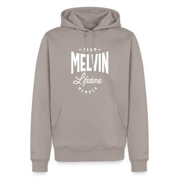 Melvin Personalized Name - Men’s Premium Organic Hoodie - taupe - Front - Nico (187cm)