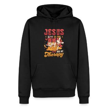 Jésus est mon Sauveur, les chats sont ma thérapie. - Sweat à capuche Premium bio Homme - noir - Devant - Nico (187cm)
