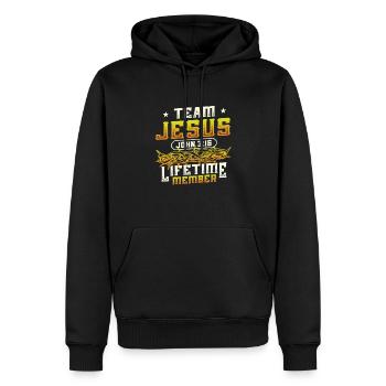 Team Jesus, John 3:16, Lifelong Member - Men’s Premium Organic Hoodie - black - Front - Nico (187cm)