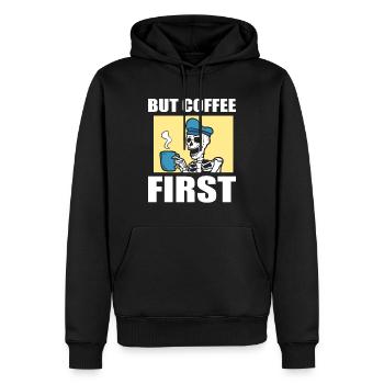 But Coffee First Kaffeeliebhaber - Männer Premium Bio Hoodie - Schwarz - Vorne - Nico (187cm)