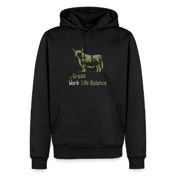 Graze Work Life Balance – Schottische Hochlandkuh - Männer Premium Bio Hoodie - Schwarz - Vorne - Nico (187cm)