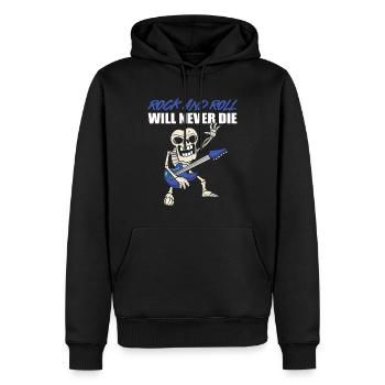 Rock & Roll Will Never Die Gitarrenspieler - Männer Premium Bio Hoodie - Schwarz - Vorne - Nico (187cm)
