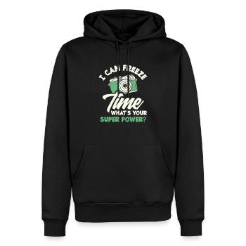 Photographe Superpouvoir de congélation du temps - Sweat à capuche Premium bio Homme - noir - Devant - Nico (187cm)