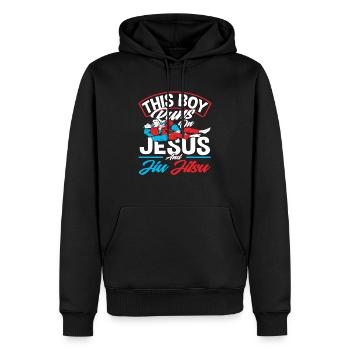 Ce garçon vit pour Jésus et le Jiu Jitsu - Sweat à capuche Premium bio Homme - noir - Devant - Nico (187cm)