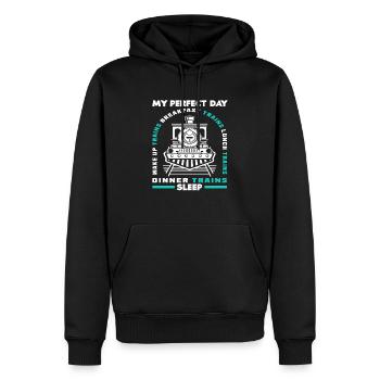 Ma journée parfaite avec les trains Petit-déjeuner Déjeuner - Sweat à capuche Premium bio Homme - noir - Devant - Nico (187cm)