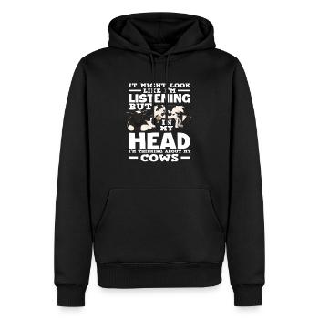 Je pense à ma vache qui écoute - Sweat à capuche Premium bio Homme - noir - Devant - Nico (187cm)