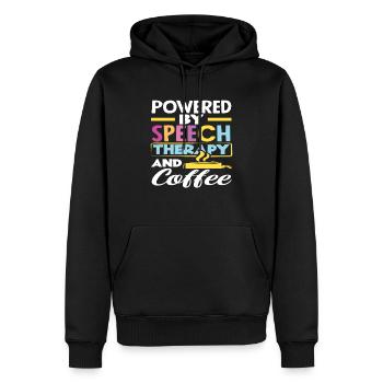 Powered by speech therapy and coffee - Men’s Premium Organic Hoodie - black - Front - Nico (187cm)