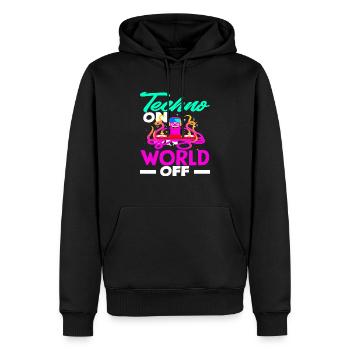 Techno Lover: Techno On World Off - Männer Premium Bio Hoodie - Schwarz - Vorne - Nico (187cm)