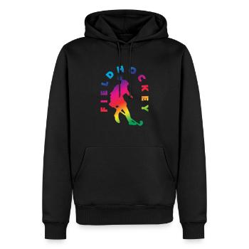 Silhouette de joueur de hockey sur gazon effet arc-en-ciel - Sweat à capuche Premium bio Homme - noir - Devant - Nico (187cm)