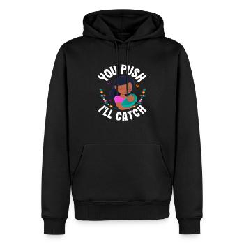 Vous appuyez sur J’attrape Midwife Design - Sweat à capuche Premium bio Homme - noir - Devant - Nico (187cm)