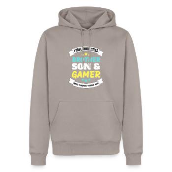 J’ai trois titres frère fils joueur nerd gamer - Sweat à capuche Premium bio Homme - taupe - Devant - Nico (187cm)