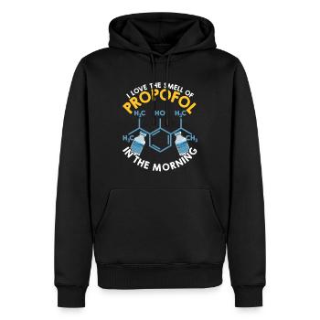 J’adore l’odeur du propofol le matin - Sweat à capuche Premium bio Homme - noir - Devant - Nico (187cm)